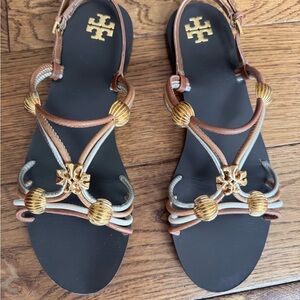Tory Burch Black and Gold Strappy Sandals
